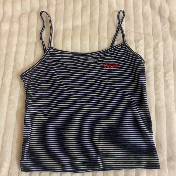 💙 Vintage Forever 21 Navy Striped and French Embroidered Nautical Tank Top - Picture 1 of 3
